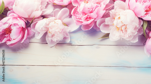  a bunch of pink flowers on a white wooden background with space for text.  generative ai © Shanti
