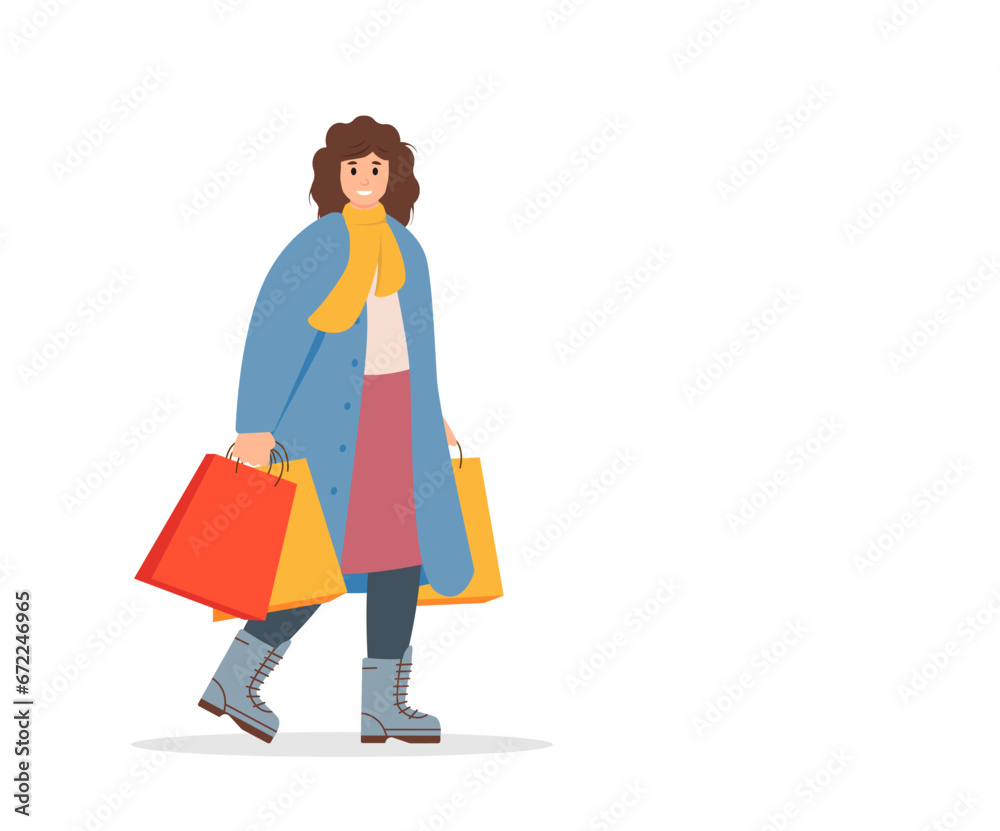 Happy woman in warm clothes with shopping bags. Winter or autumn Sale and Black Friday concept. Vector character flat illustration isolated on white background.