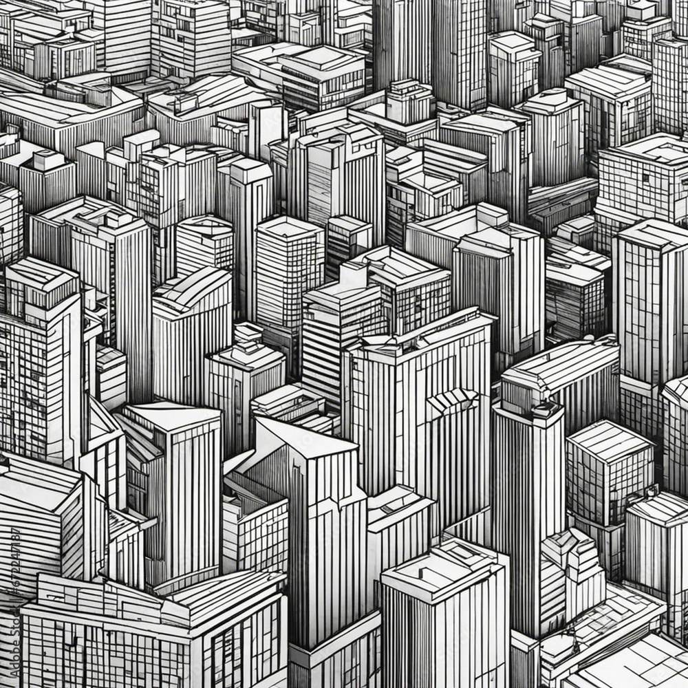 AI generated illustration of a black and white drawing of a city skyline with towering skyscrapers