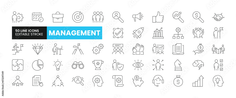 Set of 50 Business Management line icons set. Business Management outline icons with editable stroke collection. Includes Team, Growth, Project, Vision, Managing and More. Set of 50 Business Management line icons set. Business Management outline icons with editable stroke collection. Includes Team, Growth, Project, Vision, Managing and More.