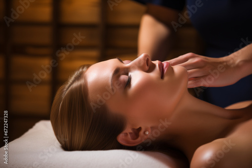 Face massage. Close-up of pretty woman getting spa massage treatment at beauty spa salon. Spa skin and body care. Facial beauty treatment. Cosmetology.