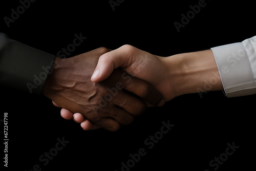 Caucasian and african american man shaking hands on black background. Close up. Unity and teamwork concept. Greeting, friendship, collaboration, partnership, tolerance, partnership, cooperation, deal