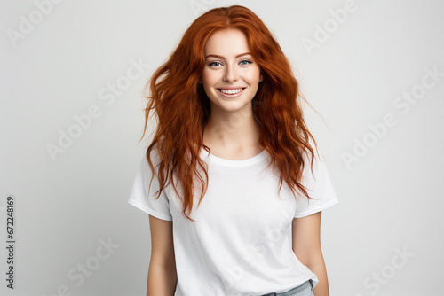 Generative AI illustration of young ginger redhead girl with curly haird beaming smiling over background photo