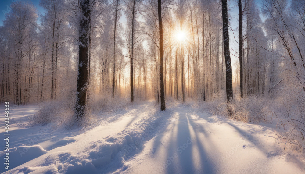 Scenic Winter Sunset: Sun Through Snow-Covered Forest Panorama