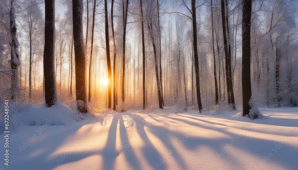 Scenic Winter Sunset: Sun Through Snow-Covered Forest Panorama Scenic Winter Sunset: Sun Through Snow-Covered Forest Panorama