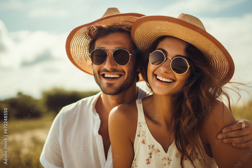 Picture image of a cheerful happy sweet couple enjoying summer walk in the field outdoors generative AI concept