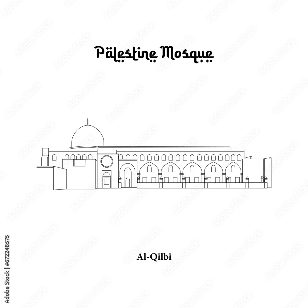 Vector design of the Al Qilbi Mosque in the city of Jerusalem. Palestine Mosque line art design isolated white background Vector design of the Al Qilbi Mosque in the city of Jerusalem. Palestine Mosque line art design isolated white background