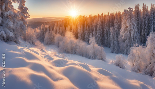 Scenic Winter Sunset: Sun Through Snow-Covered Forest Panorama © Abood