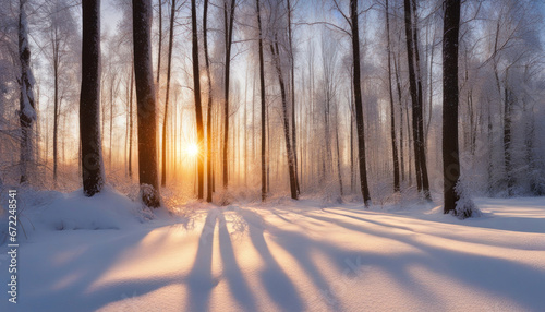 Scenic Winter Sunset: Sun Through Snow-Covered Forest Panorama © Abood