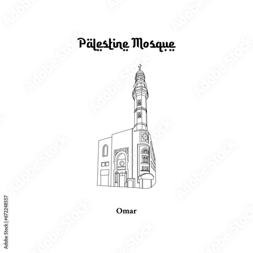 Vector design of the Omar Mosque in the city of Jerusalem. Palestine Mosque line art design isolated white background