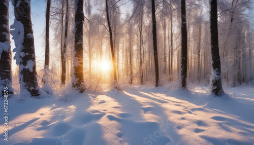 Scenic Winter Sunset: Sun Through Snow-Covered Forest Panorama