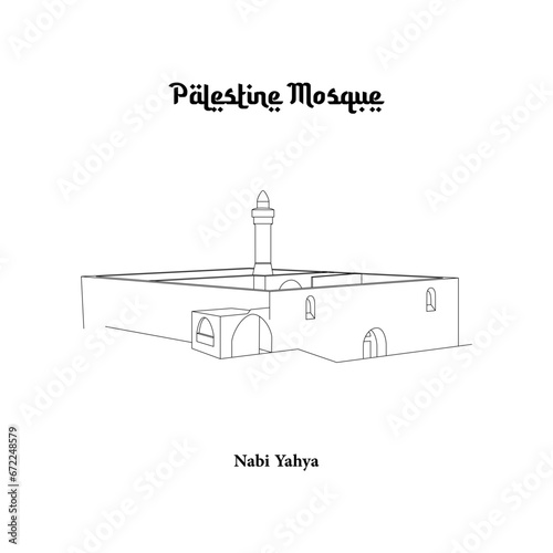 Vector design of the Nabi Yahya Mosque in the city of Sebastia. Palestine Mosque line art design isolated white background photo