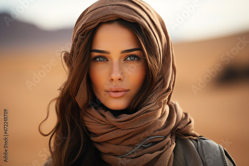 Beautiful arabic woman wearing veil in sandy desert Generative Ai illustration