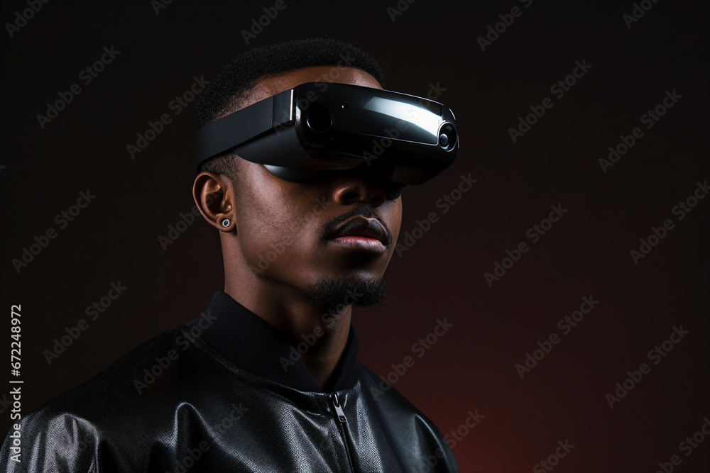 Generative AI photography of handsome man wear vr glasses gaming online isolated on dark background Generative AI photography of handsome man wear vr glasses gaming online isolated on dark background