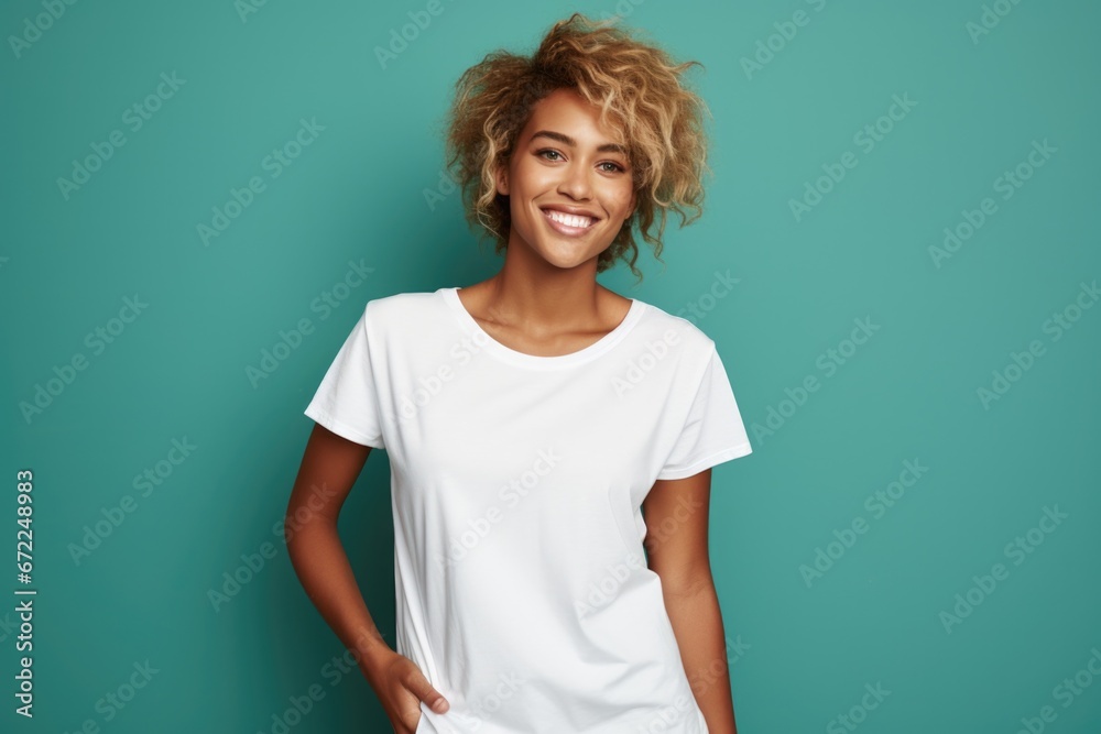 A portrait of a young african american woman with an afro hair style and white t-shirt against a Teal background. Feminine, minimalistic style banner with copy space. A portrait of a young african american woman with an afro hair style and white t-shirt against a Teal background. Feminine, minimalistic style banner with copy space.