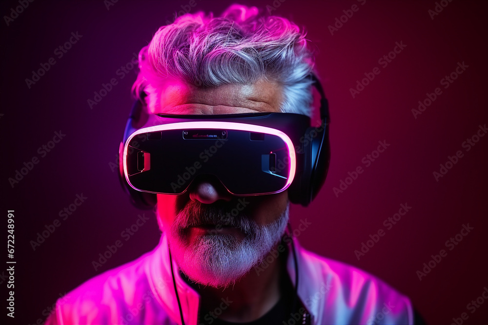 Generative AI image of headset user in vr glasses watching surreal fantasy world isolated on colorful neon background Generative AI image of headset user in vr glasses watching surreal fantasy world isolated on colorful neon background