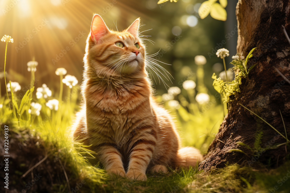 Beautiful fluffy fat cat enjoying connection with nature outdoors autumn green sunny garden Generative AI