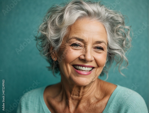 Beautiful gorgeous 50s mid age beautiful elderly senior model woman with grey hair laughing and smiling on a turquoise background