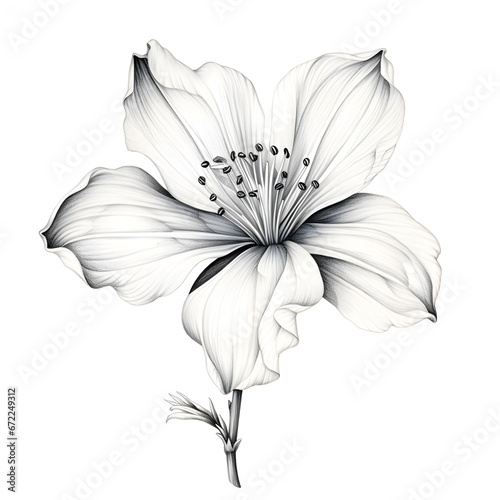 white flower on white  A botanical illustration of flower  petals  stamen and pistil on white background.