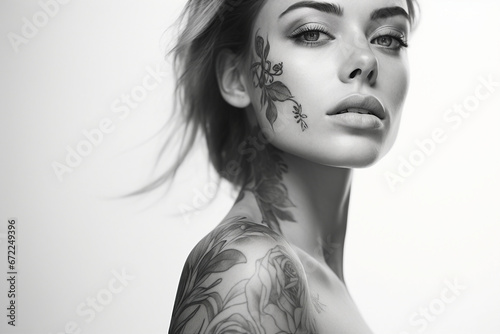Portrait of beautiful tattoo artist woman created with generative AI technology photo