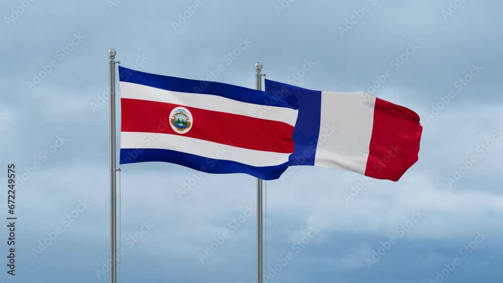 France and Costa Rico flags waving together on cloudy sky, endless seamless loop, two country relations concept France and Costa Rico flags waving together on cloudy sky, endless seamless loop, two country relations concept