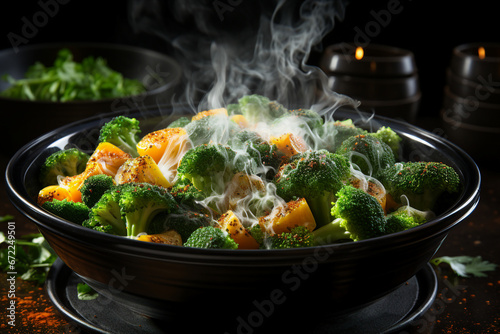 Appetizing delicious vegetarian dish baked vegetables in bowl made with generative AI
