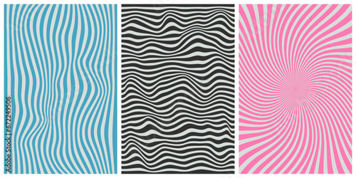 Groovy old vintage hippie backgrounds with waves, swirls, and twirls in a trendy retro psychedelic style. Twisted and distorted vector texture. Fit for banner, cover, or poster design