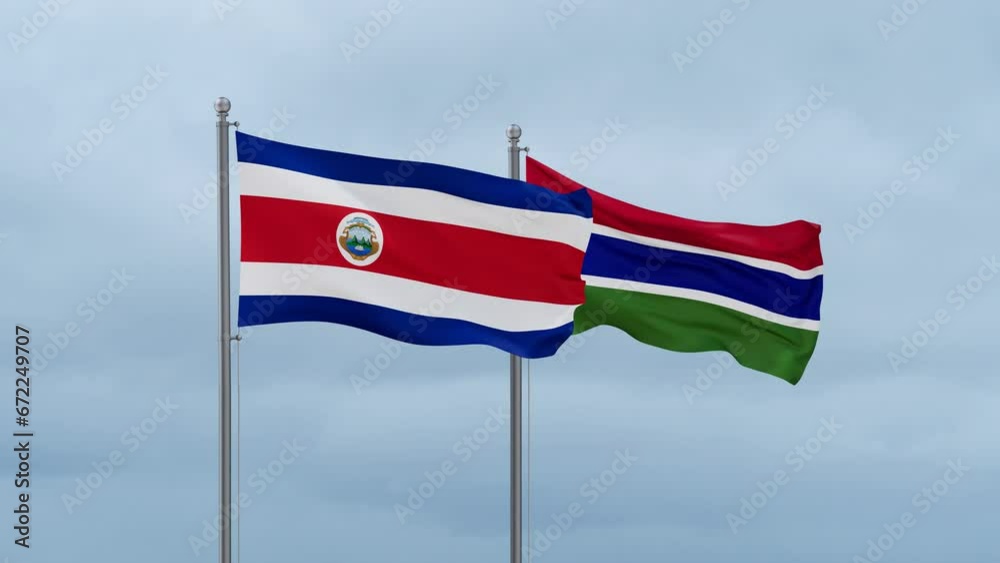 Gambia flag and Costa Rico flag waving together on cloudy sky, endless seamless loop, two country relations concept
