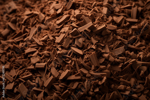 Close up generative AI picture of broken grated chocolate natural ingredient for desserts photo