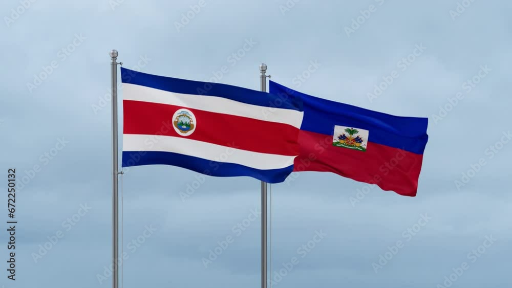 Haiti flag and Costa Rico flag waving together on cloudy sky, endless seamless loop, two country relations concept Haiti flag and Costa Rico flag waving together on cloudy sky, endless seamless loop, two country relations concept