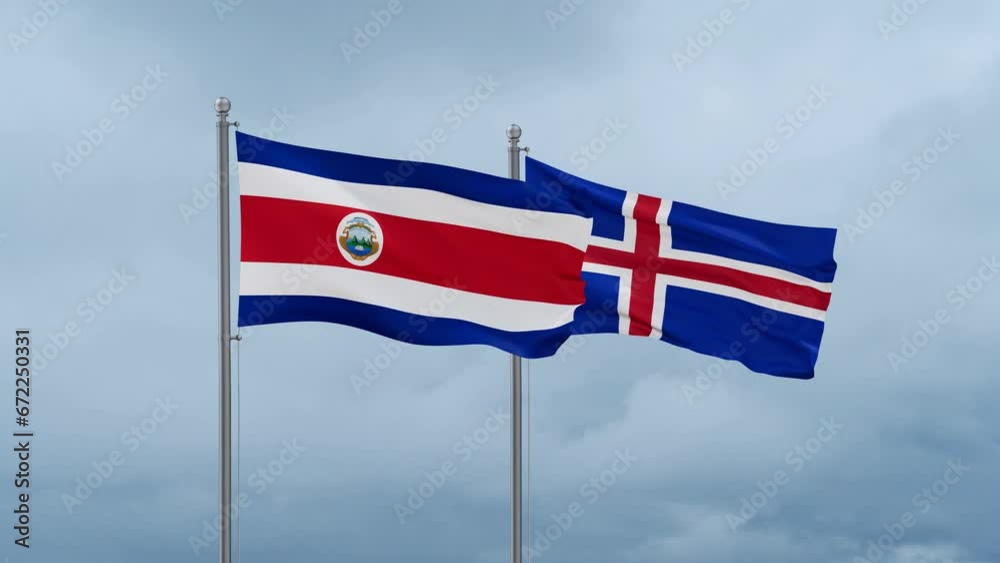 Iceland and Costa Rico flag waving together on cloudy sky, endless seamless loop, two country cooperation concept Iceland and Costa Rico flag waving together on cloudy sky, endless seamless loop, two country cooperation concept