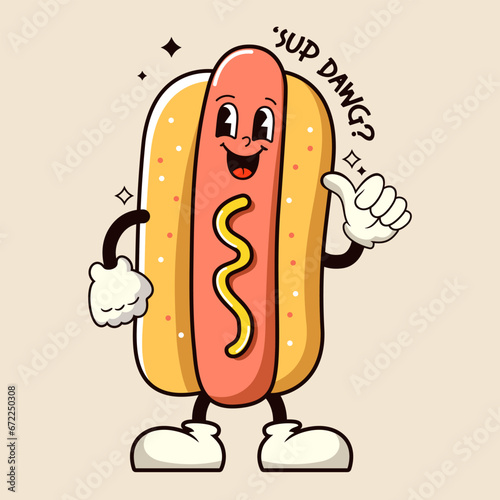 Hot Dog cartoon groovy character. Vector illustration.