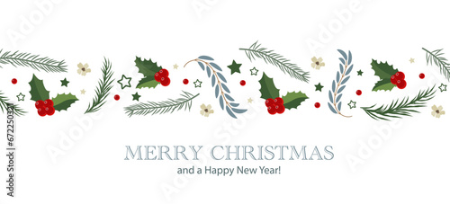 Christmas Greeting Card Banner with Fir Branches and Holly Berry Border. Happy Christmas and New Year. Vector graphics