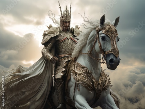 White horseman of apocalypse warrior in golden armor riding white horse AI © Vitalii But