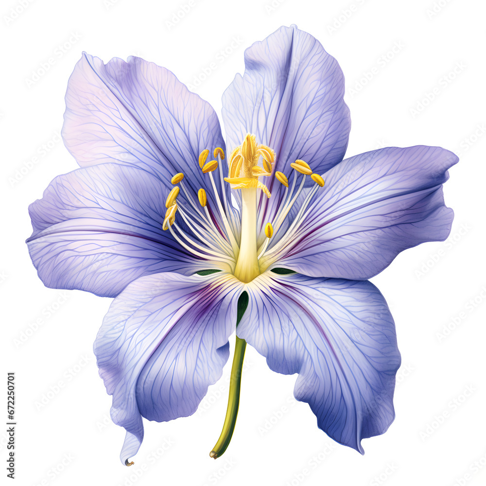 blue iris isolated on white, A botanical illustration of flower, petals, stamen and pistil on white background.