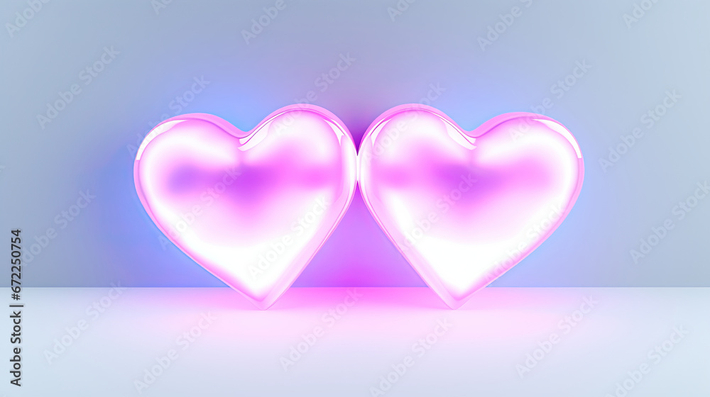  two pink heart shaped lights against a blue background with a pink light.  generative ai