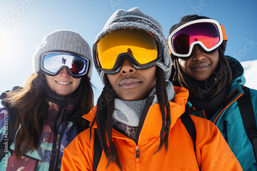 Generative AI picture three buddies making selfies wintertime activity snowboarding hiking mountain climbing