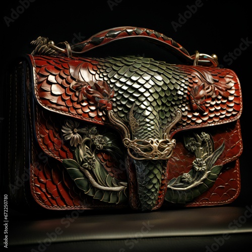 A stylish handbag featuring intricate pieces of genuine leather and a detailed dragon design