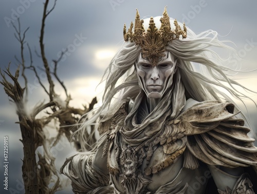 Portrait of white horseman of apocalypse. Nordic king with white long hair AI