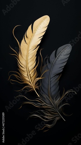 AI generated illustration of a black and gold feather with shimmering golden highlights