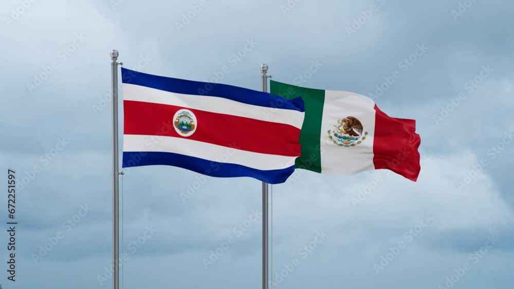 Mexico flag and Costa Rico flag waving together on cloudy sky, endless seamless loop, two country relations concept Mexico flag and Costa Rico flag waving together on cloudy sky, endless seamless loop, two country relations concept