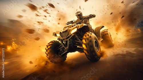 All-terrain ATV Quad Rider on blurred motion dirt road at sunset © BeautyStock