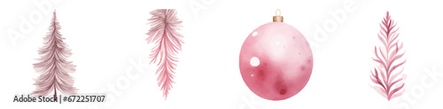 ピンクのクリスマスオーナメントの水彩風イラスト