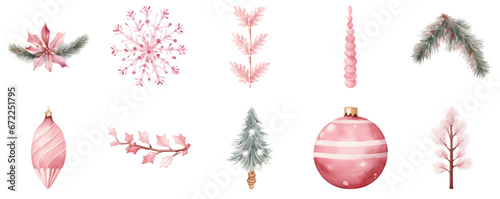 ピンクのクリスマスオーナメントの水彩風イラスト