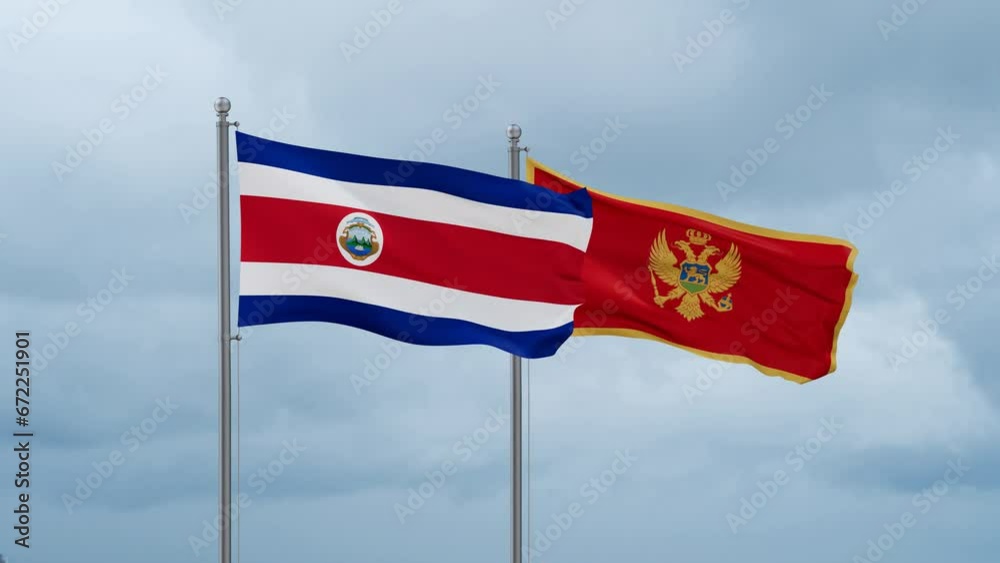 Montenegro and Costa Rico flag waving together on cloudy sky, endless seamless loop, two country cooperation concept Montenegro and Costa Rico flag waving together on cloudy sky, endless seamless loop, two country cooperation concept