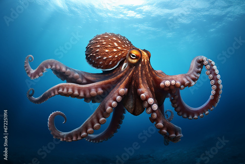 The close up of the common giant octopus floating in the blue aquatic sea. Generative AI.
