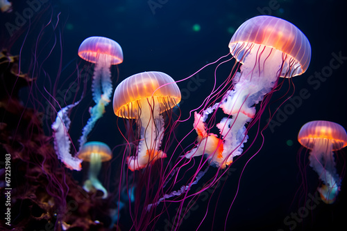 jelly fish in the water, Portrait of jellyfish macro Light, swimming colorful in blue sea ocean depth.