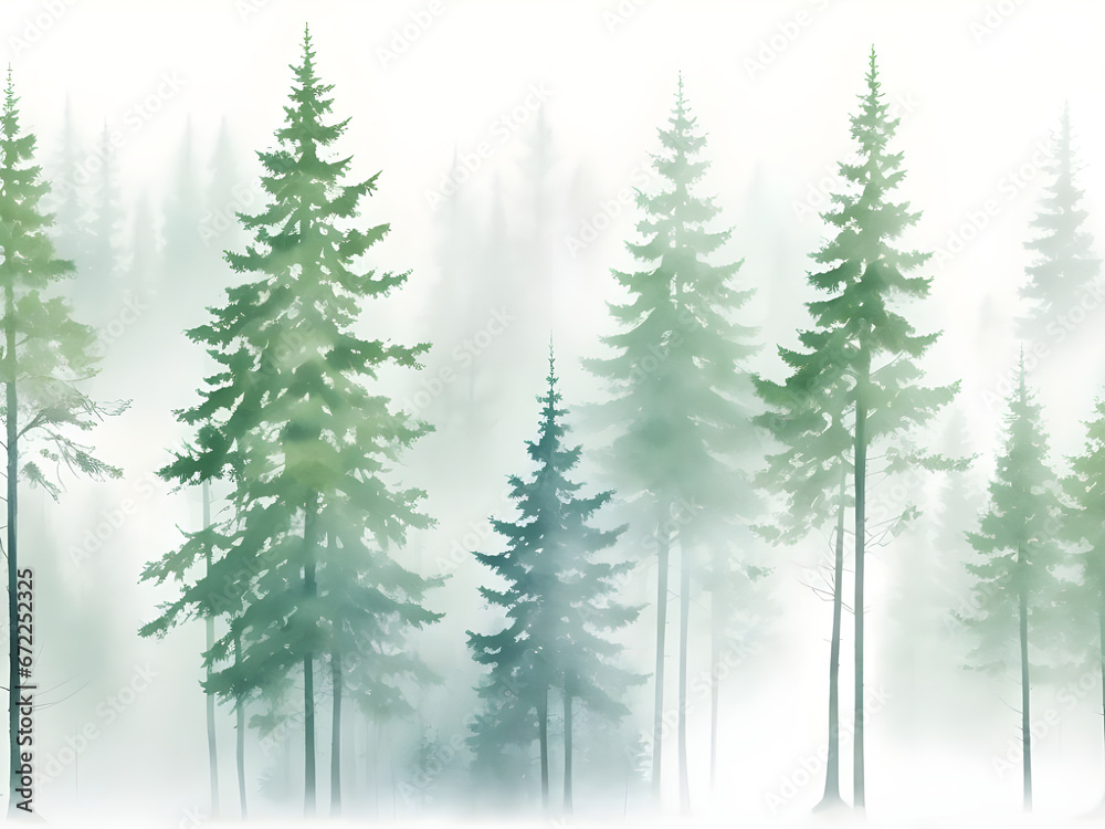 Obraz premium Green Mountains with forest trees in fog. Hand drawn watercolor misty lake and woods landscape. Green watercolor landscape with lake and pine trees.