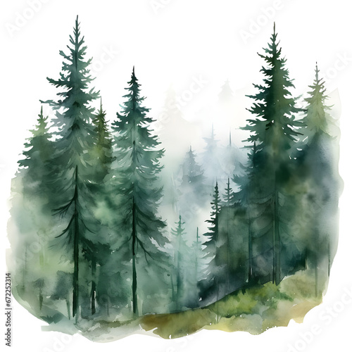 Green Mountains with forest trees in fog. Hand drawn watercolor misty lake and woods landscape. Green watercolor landscape with lake and pine trees.