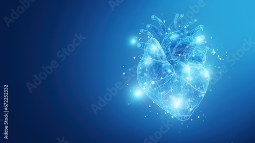 Human heart shape neon glowing light low poly style. AI generated image photo